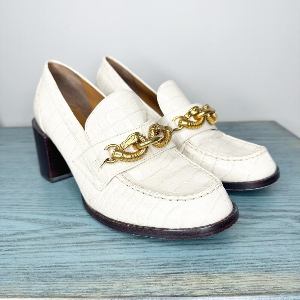 Tory Burch Jessa White Croc Embossed Leather Brass hardware Heeled Pumps